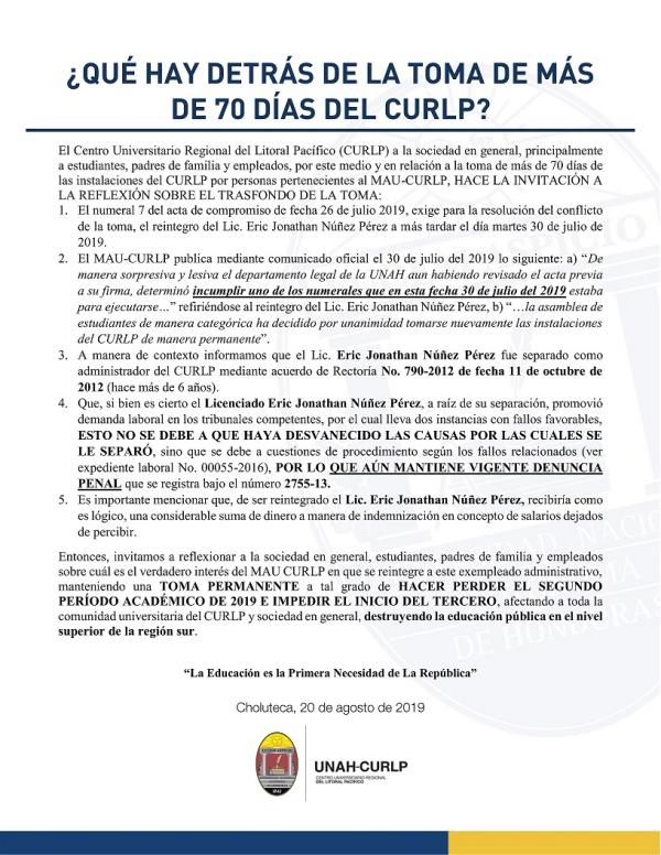 Que hay detras de la toma de mas de 70 dias del CURLP