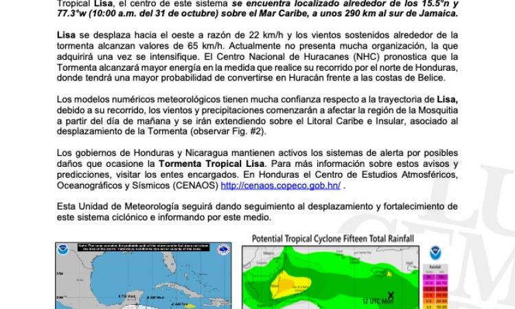 Boletín Meteorológico informativo "Tormenta Tropocal Lisa"