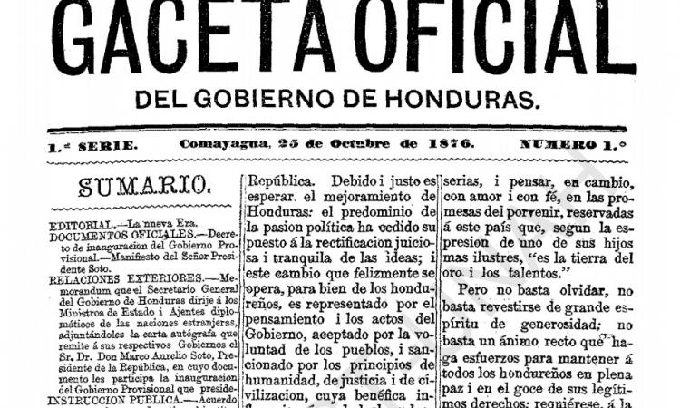 Gaceta Oficial del Gobierno de Honduras No.1 del 25 de octubre de 1876