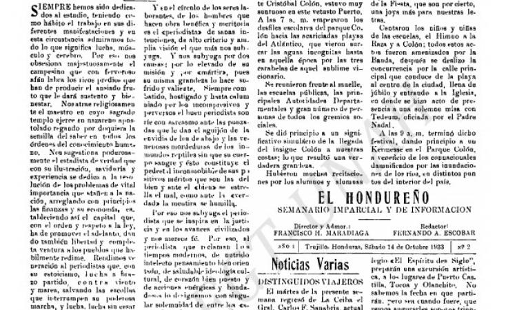 El Hondureño (Año.1, No.2) 14 de Octubre de 1933