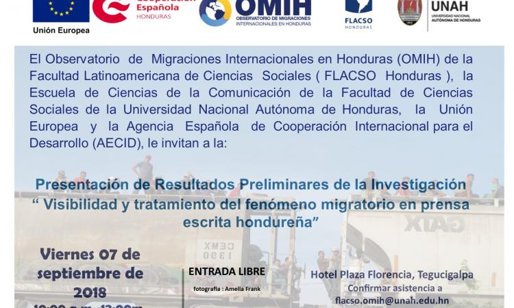 Presentación de resultados preliminares de la investigación “Visibilidad y tratamiento del fenómeno migratorio en prensa escrita hondureña”.