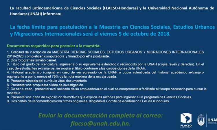 La fecha límite para postulación a la Maestrìa en Ciencias Sociales, Estudios Urbanos y Migraciones Internacionales será el viernes 5 de octubre de 2018.