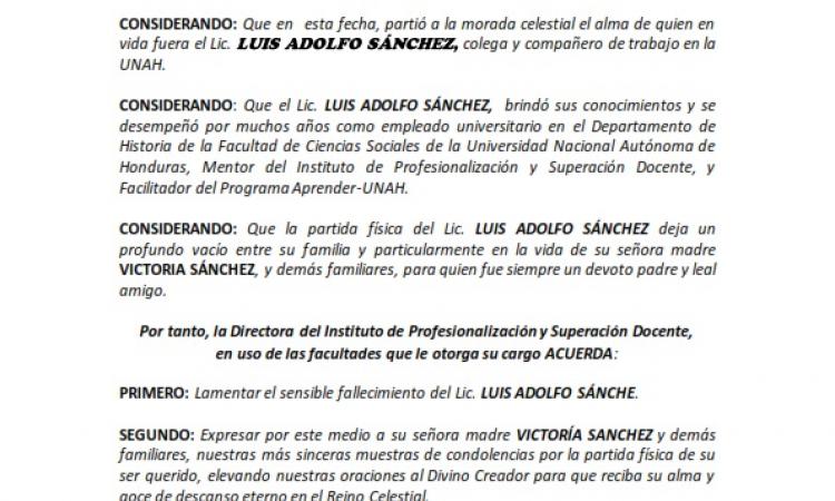 Acuerdo de duelo Máster Luis Sánchez