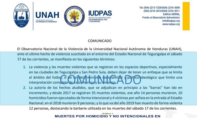 Comunicado del ONV ante el ultimo hecho de violencia suscitado en el entorno del Estadio Nacional de Tegucigalpa el sábado 17 de los corrientes