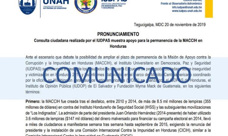 PRONUNCIAMIENTO Consulta ciudadana realizada por el IUDPAS muestra apoyo para la permanencia de la MACCIH en Honduras