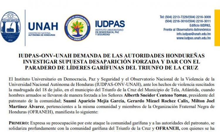 IUDPAS-ONV-UNAH demanda de las autoridades hondureñas investigar supuesta desaparición forzada y dar con el paradero de líderes garífunas del triunfo de la cruz