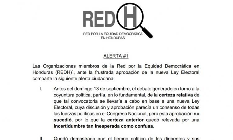 Alerta  de Las Organizaciones miembros de la Red por la Equidad Democrática en Honduras (REDH)