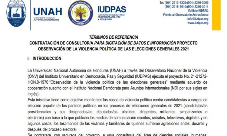 Contratación de consultor/a para digitación de datos e información proyecto observación de la violencia política de las elecciones generales 2021