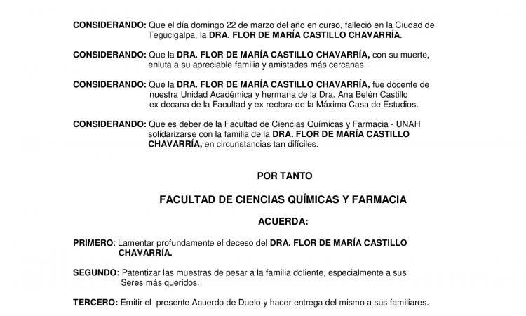 Acuerdo de Duelo. Por el sentido fallecimiento de la Dra. Flor María Castilo Chavarría.
