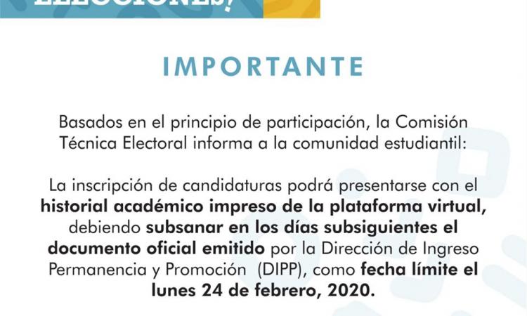 Aviso de la Comisión Técnica Electoral (CTE) con relación a los documentos a presentar para la inscripción de candidaturas.