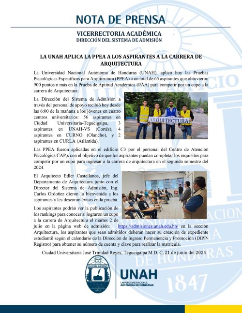 Nota de Prensa UNAH Aplico hoy la PPEA a los aspirantes a Arquitectura revCO 