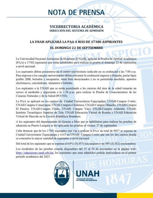 1.Nota de Prensa UNAH realizara la PAA el domigo 22 de septiembre page 0001