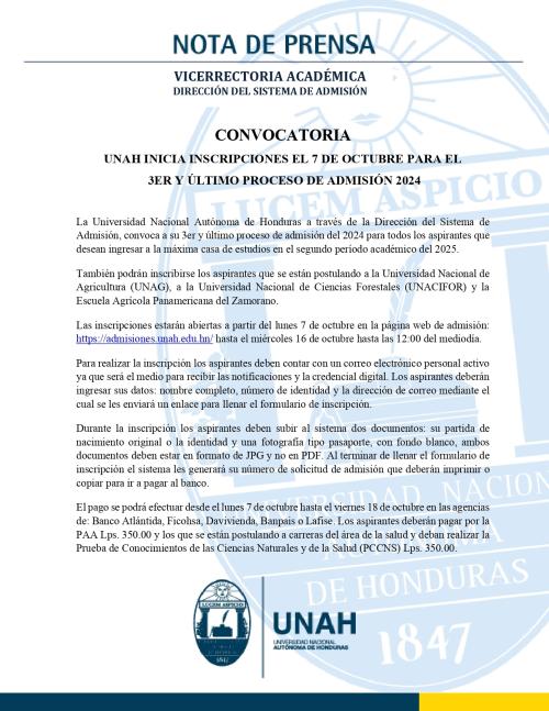 3. Convocatoria 3er Proceso de Admision 2024