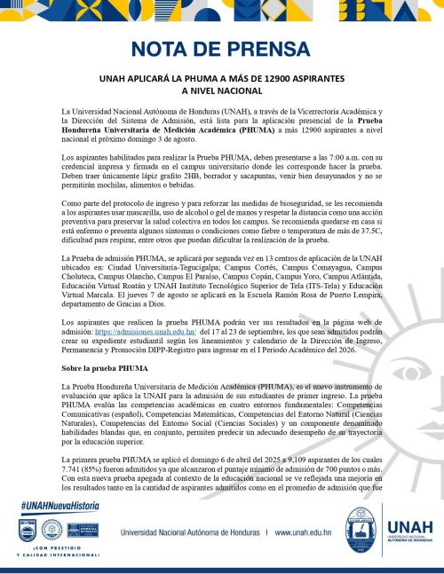 1. UNAH aplicara Prueba PHUMA presencial el domingo 3 de agosto a nivel nacional page 0001