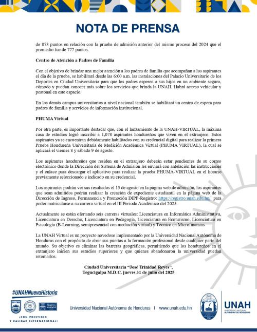 2. UNAH aplicara Prueba PHUMA presencial el domingo 3 de agosto a nivel nacional page 0002