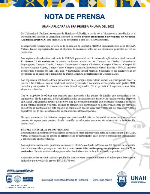 NP UNAH aplicara Prueba PHUMA el 21 de noviembre page 0001