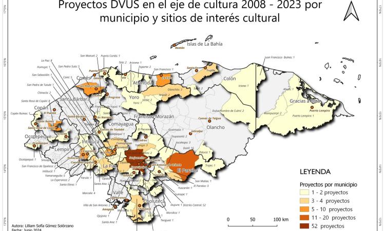 Mapa de Proyectos de la Dirección de Vinculación Universidad-Sociedad en el Eje de Cultura (2008-2023) por Municipio y Sitios de Interés Cultural.